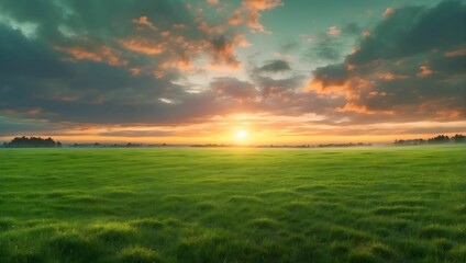 wet green grass in the morning, lots of clouds,4k, sunset colours, very detailed. generative AI