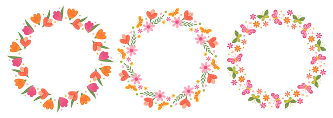 Set of floral round frames. International Women's Day. March 8. Mother's Day. Decorative elements for greeting card, wedding, birthday, invitation, banner, sale, scrapbooking. Vector illustration.