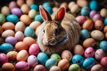 Fototapeta na wymiar easter bunny with eggs, traditional decoration, fluffy amimal
