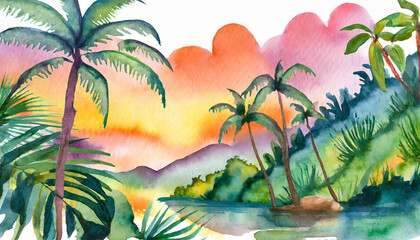 Fototapeta na wymiar Watercolor Art Painting: Vibrant Canopy, Wildlife Whispers Gently in Twilight