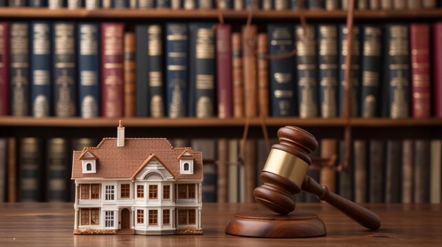Miniature House Model with a Gavel in Front of a Library of Law Books, Concept of Real Estate Law