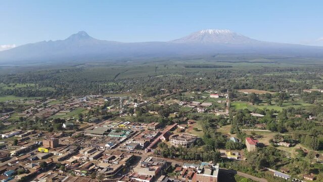 Scenic aerial panorama of Loitokitok town at footstep of Mount Kilimanjaro Kenya