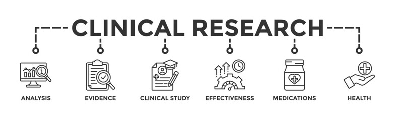 Clinical research banner web icon vector illustration concept with icon of analysis, evidence, clinical study, effectiveness, medications and health
