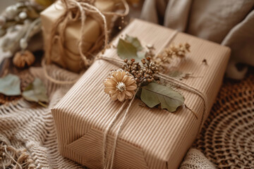 Fototapeta na wymiar Resourceful and sustainable gift wrapping using natural elements such as twine, leaves, and dried flowers, celebrating eco-friendly practices. Soft focus.