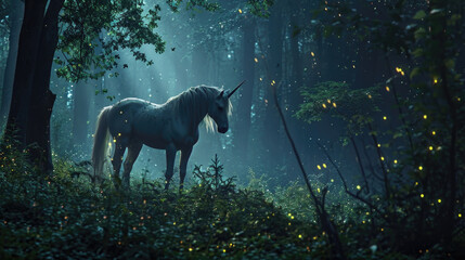 As the night falls, the forest comes alive with the soft glow of fireflies and the distant howling of wolves. But the unicorn is unafraid, for it knows the enchanted forest Fantasy art - obrazy, fototapety, plakaty