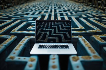 A laptop in the center of the maze. Generative AI.