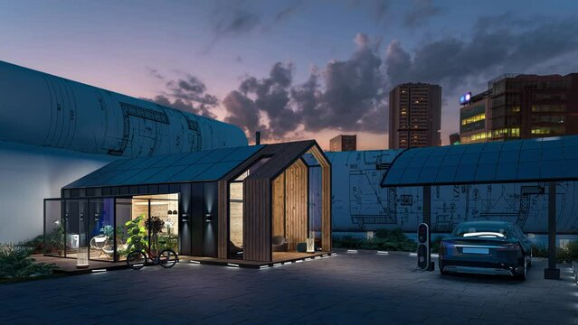 Energy supply at a single family house with solar car port (cityscape by night in background) - loop-able 3D Visualization
