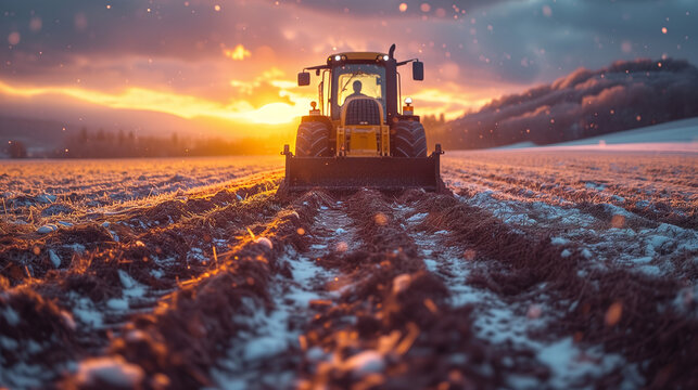 Dramatic Cinematic Shot of a Compact Track Loader in Action Over a Field, Emphasizing Power and Efficiency