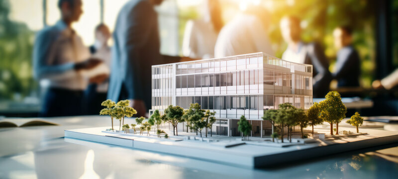 real estate developers, architects and businessmen team working on new business buildings project in office. complex scale model on the table. banner with copy space