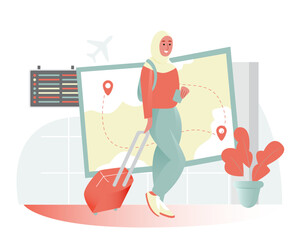 Muslim woman bring luggage to traveling in airport