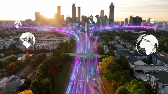 Animated glowing fiber optic streams over highway showing global internet connectivity in USA city during sunset. 3D render over Atlanta cityscape.