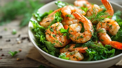 Gourmet shrimp salad with mixed greens, dill, and parsley served in a white bowl, perfect for a healthy meal