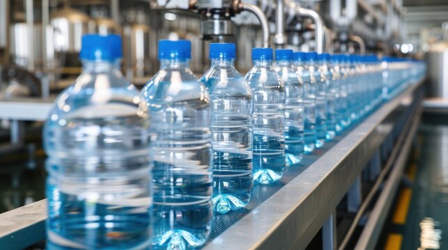 Automated water bottling line processes and bottles carbonated water in a factory setting showcasing efficiency in production, water in industry picture