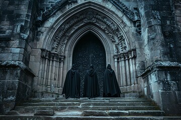 Three Hooded Mysterious Figures Wearing Cloaks Standing Before a Stone Archway Fantasy Art - obrazy, fototapety, plakaty