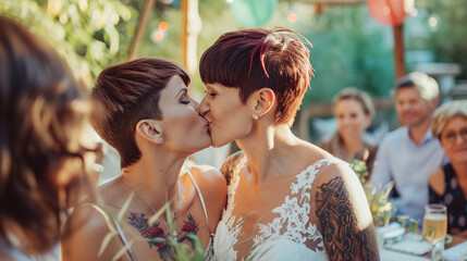 Naklejka premium Lesbian couple celebrate wedding ceremony outside in garden, women kissing to each other, LGBT couple. 