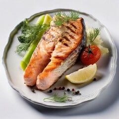 Grilled Gastronomic Delight: Appetizing Salmon Steak with Fresh Vegetables, Lemon, and an Artful White Plate