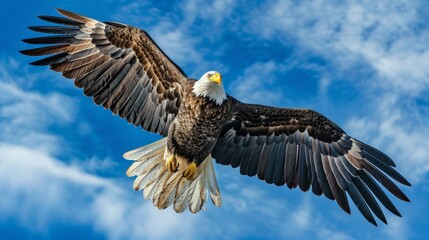 Fototapeta premium Graceful bald eagle soaring with outstretched wings against a blue sky, symbolizing freedom and strength