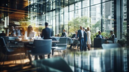 Dynamic corporate collaboration: blurred business professionals in contemporary office conference room setting