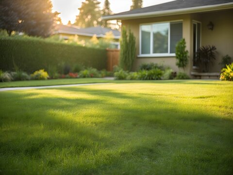 A photo of a green grass cut short front yard garden, the camera angle is low to the ground, depth of field, golden hour lighting. generative AI