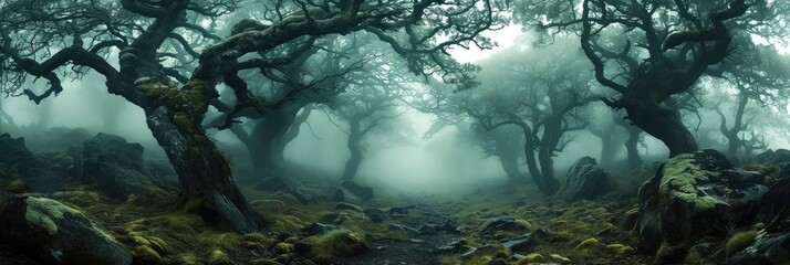 Wide panorama of old dark forest with gnarled trees in morning fog in spring. Generative AI.
