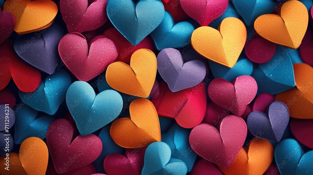 Poster festive background with colorful hearts. generative ai.