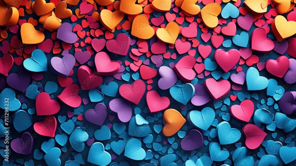 Poster festive background with colorful hearts. generative ai.