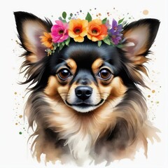 Watercolor black and tan chihuahua dog with floral wreath on head