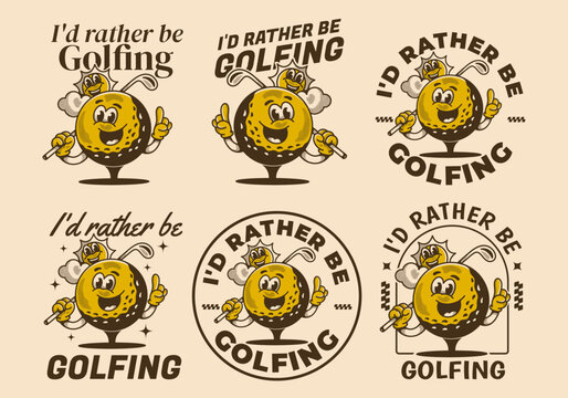 I'd rather be golfing. Vintage character illustration of a golf ball holding a golf stick