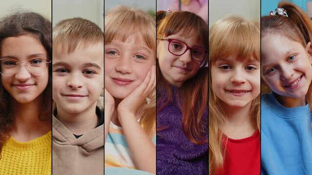 Collage of smiling happy people children portraits diverse gender. Boy girls kids at home smiling friendly glad expression looking dreaming resting, relaxation feel satisfied, good news, celebrate win