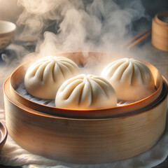 Steamed buns in bamboo steamer. AI generated. - obrazy, fototapety, plakaty