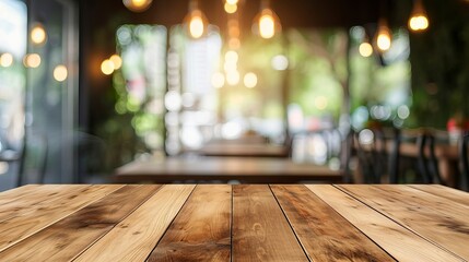 Photo empty wood table top and blur glass window interior restaurant banner mock up abstract background - can used for display or montage your products - generative ai - obrazy, fototapety, plakaty