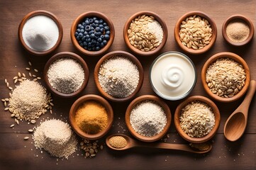 Organic goodness: Top view of oat milk, flour, dry flakes, and whole grains—a nutritious set for vegetarian delight.