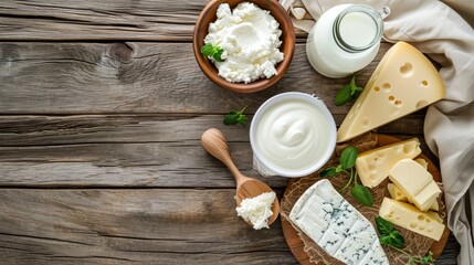 Assorted Fresh Dairy Products Including Milk, Cheese, and Yogurt on a Rustic Wooden Table
