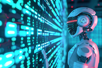 Futuristischer Roboter: Künstliche Intelligenz bedient holografisches Terminal mit "AI" Schriftzeichen