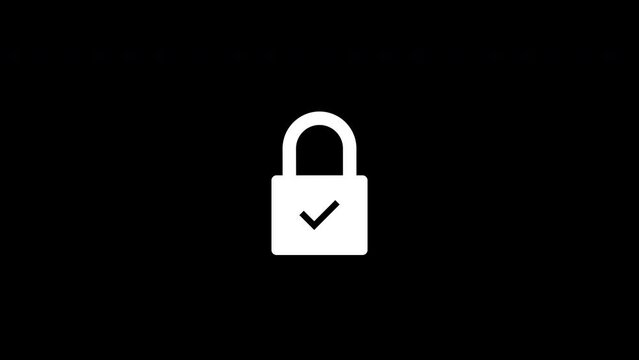 Padlock icon with a checkmark. Animated locking and checkmark. Isolated on a black background. Alpha channel.