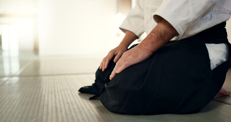 Asian man, student or bow in dojo for respect, greeting or honor to master at indoor gym. Closeup...