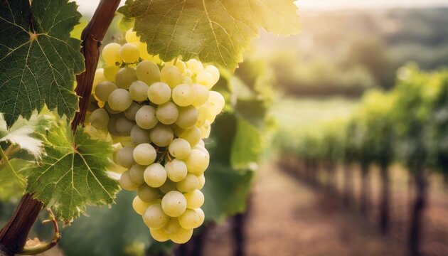 White grapes grow on the vineyard vine.