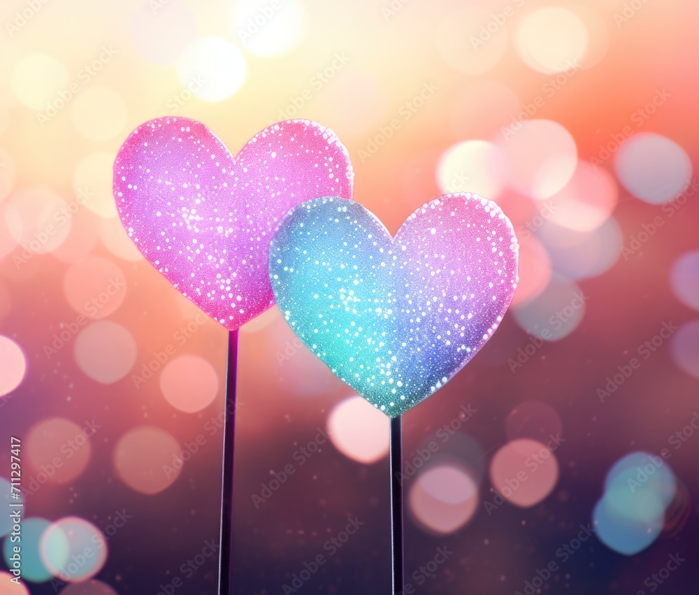 Poster two heart shaped objects on sticks with a bokeh background. generative ai.