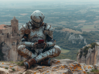 Naklejka premium Quirky Medieval Scene: Character in Shiny Armor with Reflections, Wearing Sneakers, Sitting on Rocks in Profile, Searching for Mobile Coverage, with a Minimal Sky and Castle Background