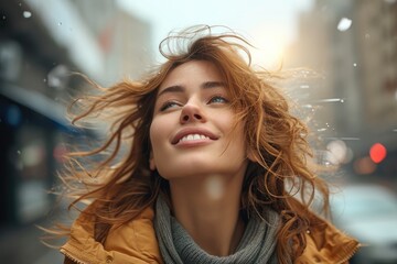 Portrait of a woman on the street in a state of euphoria. Generative AI.