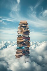 A stack of books stretches to the sky and disappears in the clouds. Generative AI.