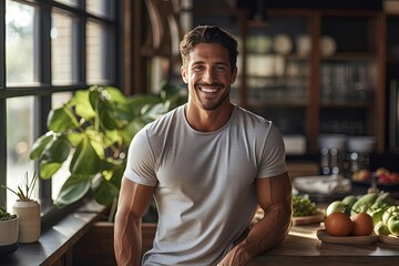 Smiling Fitness Model with Fresh Vegetables - Healthy Lifestyle and Nutrition - obrazy, fototapety, plakaty