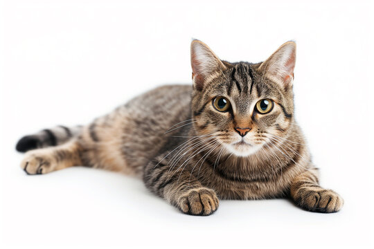 Adorable attractive adorable cute gray striped kitty with big expressive eyes is lying on the floor and looking closely at the camera on a white background.