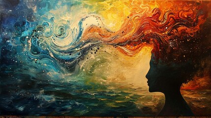 Fototapeta premium Chaos and beauty of thoughts portrayed in a mental health painting.