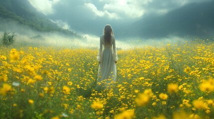 Silhouette of a young woman in white dress in a filed with yellow flowers under a cloudy sky