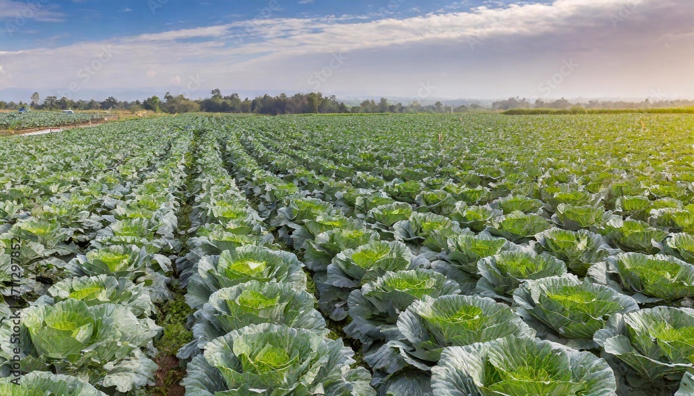 Poster cabbage grows in rows in the field.