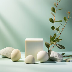 Composition of cosmetic packaging with white rock and leaves. Blank space