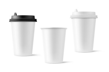 Set of realistic blank mock up paper cups with plastic lid. Coffee to go, take out mug. Vector illustration isolated on white background. Can be use for any backgrounds. EPS10.