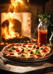 Pizza on the background of the oven