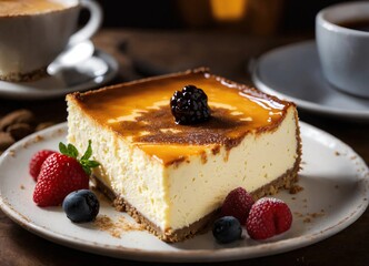 Piece of cheesecake with berries on a plate